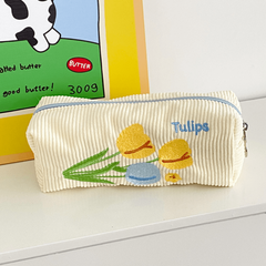 Tulip Flower Embroidery Pencil Case Corduroy Storage Bag
