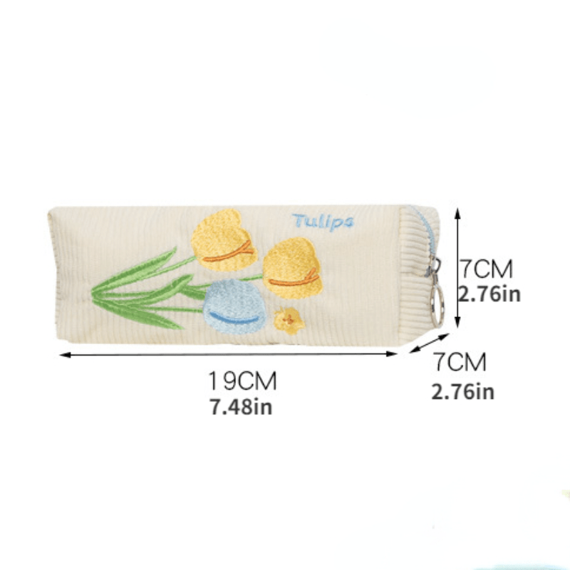 Tulip Flower Embroidery Pencil Case Corduroy Storage Bag
