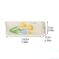 Tulip Flower Embroidery Pencil Case Corduroy Storage Bag