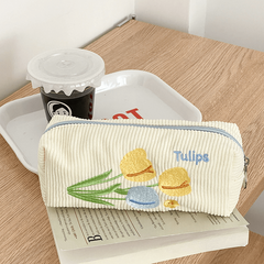 Tulip Flower Embroidery Pencil Case Corduroy Storage Bag