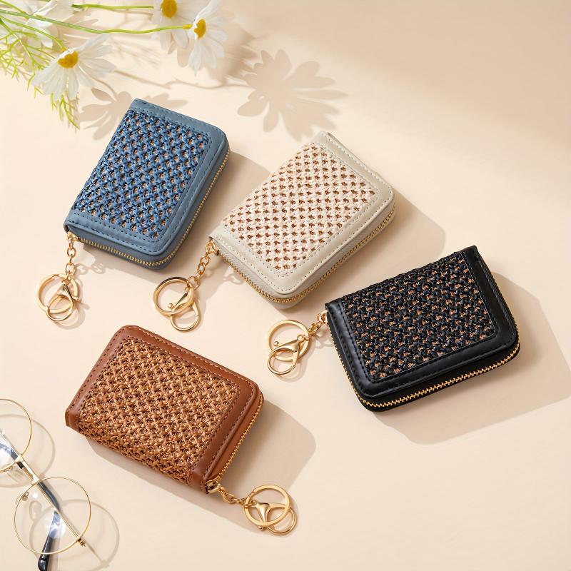 Woven ID Card Short Wallet PU Leather Lightweight Card Holder