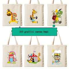 Cartoon Print Canvas Bag Hand painted Colorful Handbag Casual Shoulder Bag
