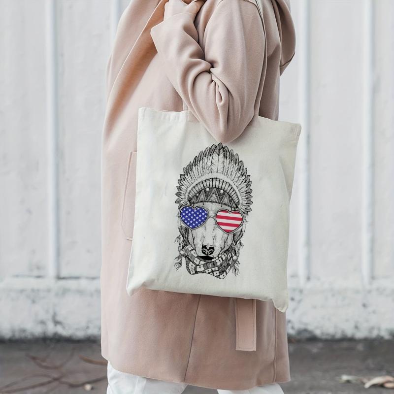 American Flag Print Beach Tote Bag Canvas Shoulder Bag Women's Casual