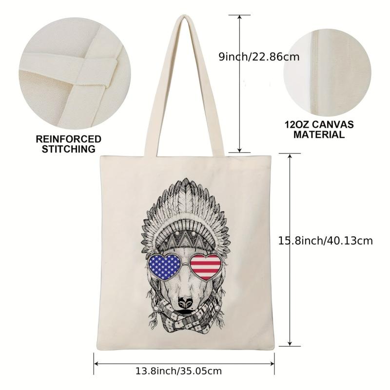 American Flag Print Beach Tote Bag Canvas Shoulder Bag Women's Casual