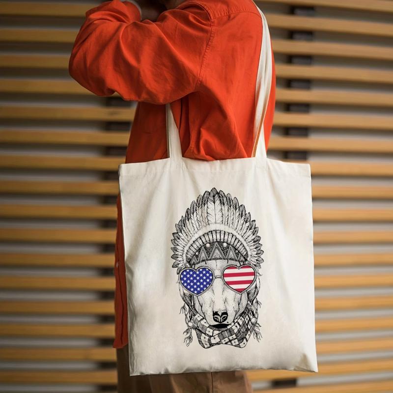 American Flag Print Beach Tote Bag Canvas Shoulder Bag Women's Casual