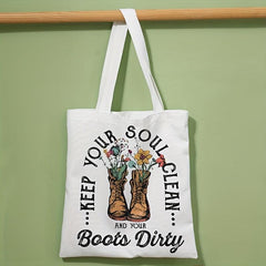 Vintage Flower Boots Tote Bag Reusable Grocery Shopping Bag