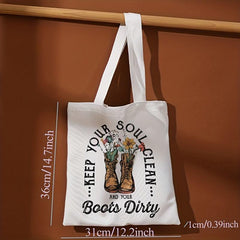 Vintage Flower Boots Tote Bag Reusable Grocery Shopping Bag