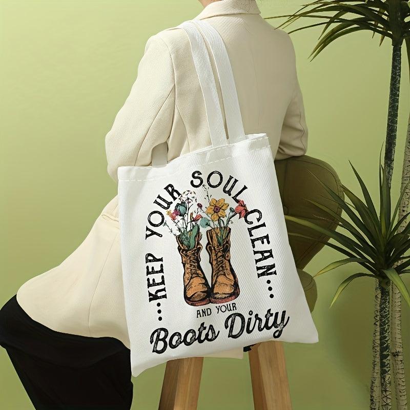 Vintage Flower Boots Tote Bag Reusable Grocery Shopping Bag