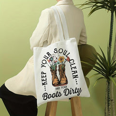 Vintage Flower Boots Tote Bag Reusable Grocery Shopping Bag