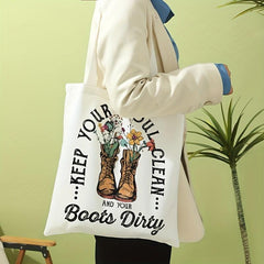 Vintage Flower Boots Tote Bag Reusable Grocery Shopping Bag
