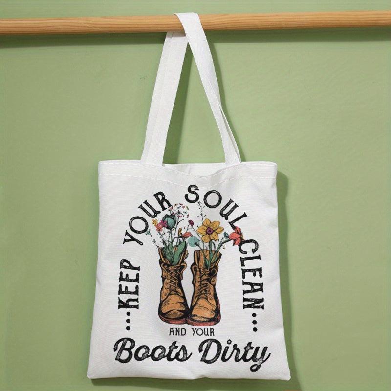 Vintage Flower Boots Tote Bag Reusable Grocery Shopping Bag