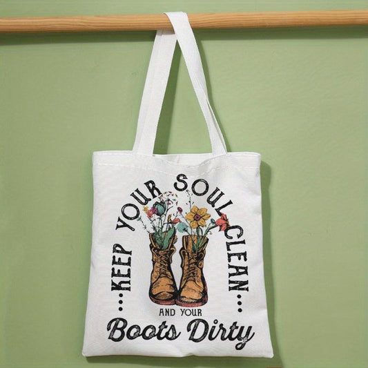 Vintage Flower Boots Tote Bag Reusable Grocery Shopping Bag