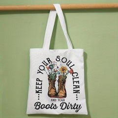 Vintage Flower Boots Tote Bag Reusable Grocery Shopping Bag