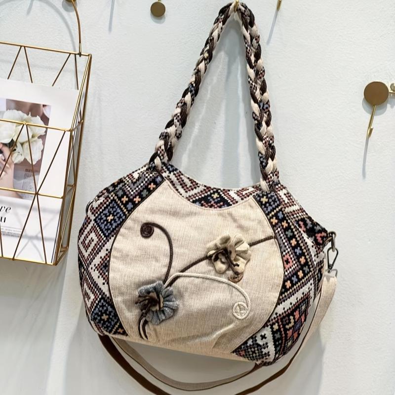 Boho Embroidered Flower Canvas Shoulder Crossbody Purse