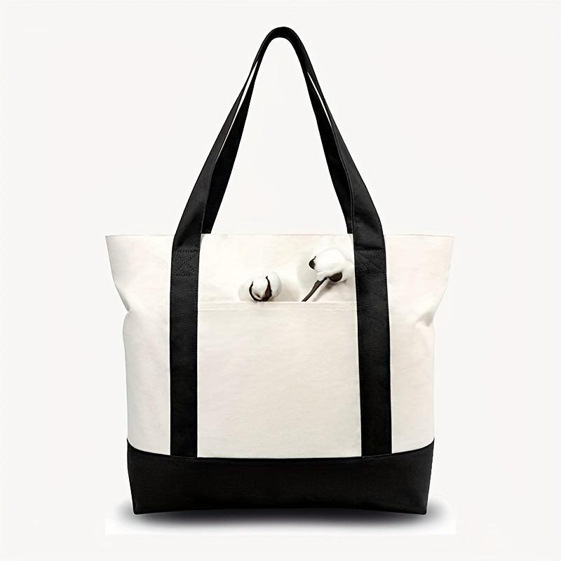 XL Canvas Tote Bag w/ Zipper Inner Pocket & Outer Pocket, Beach Holiday Handbag