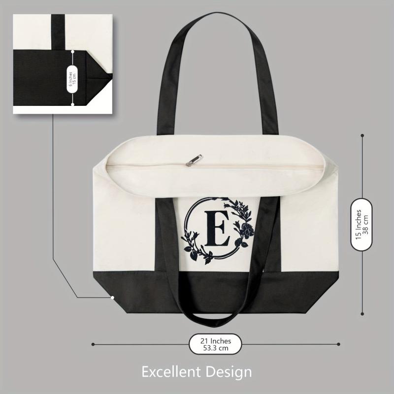 XL Canvas Tote Bag w/ Zipper Inner Pocket & Outer Pocket, Beach Holiday Handbag