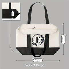 XL Canvas Tote Bag w/ Zipper Inner Pocket & Outer Pocket, Beach Holiday Handbag