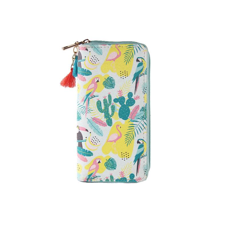 Flamingo Pattern Long Wallet with Zipper Around Coin Purse