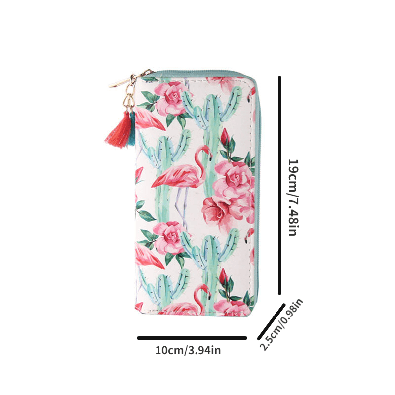 Flamingo Pattern Long Wallet with Zipper Around Coin Purse