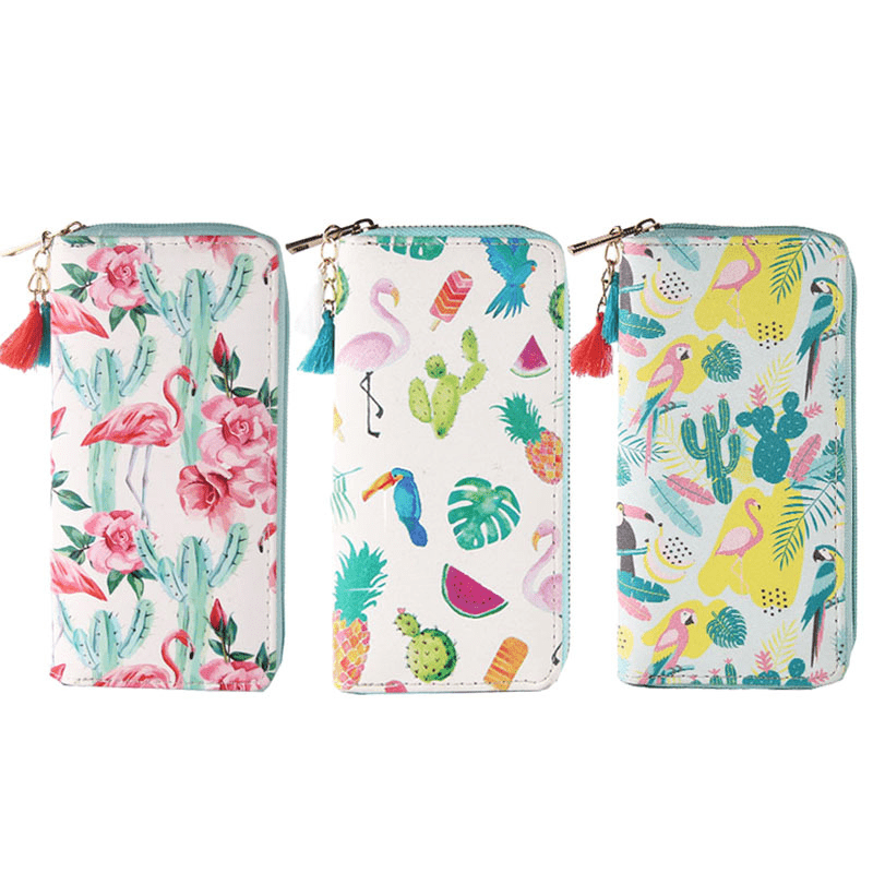 Flamingo Pattern Long Wallet with Zipper Around Coin Purse