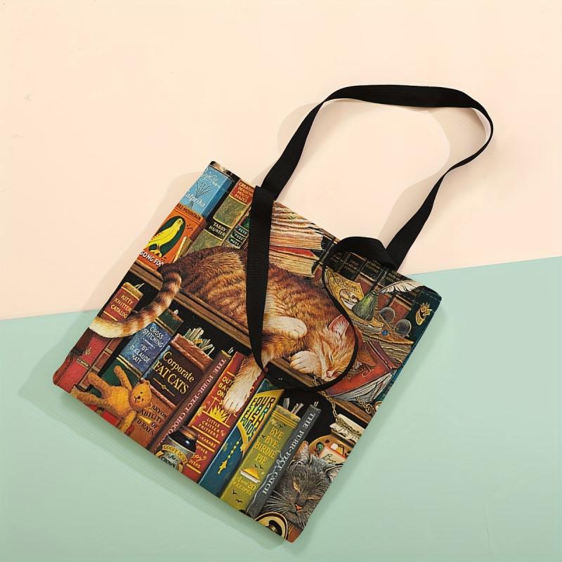 Cat And Books Print Tote Bag Large Travel Beach Shoulder Bag