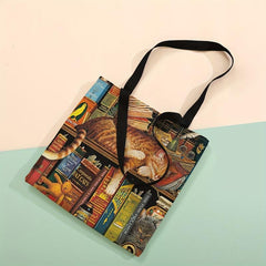 Cat And Books Print Tote Bag Large Travel Beach Shoulder Bag