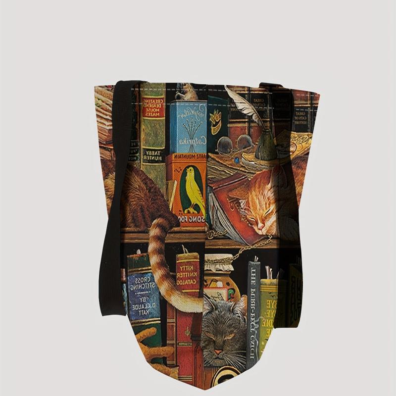 Cat And Books Print Tote Bag Large Travel Beach Shoulder Bag