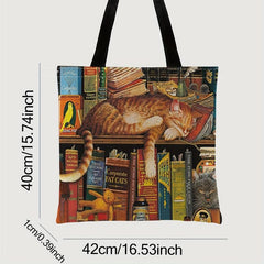 Cat And Books Print Tote Bag Large Travel Beach Shoulder Bag