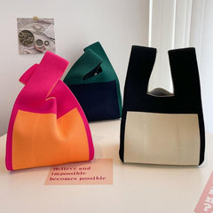 Colorblock Crochet Satchel Bag All Match Knitted Handbag Lightweight Storage Bag