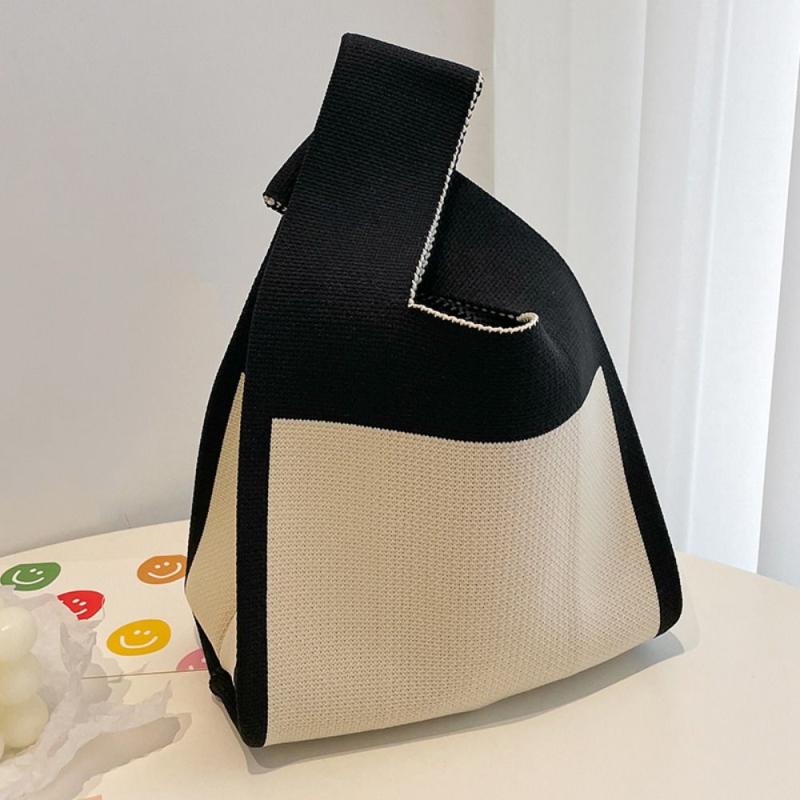 Colorblock Crochet Satchel Bag All Match Knitted Handbag Lightweight Storage Bag