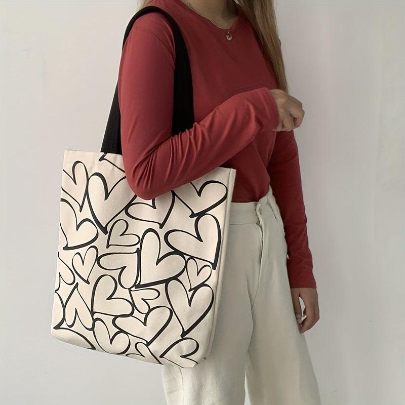 Canvas Shoulder Bag Heart Pattern Large Capacity Handbag