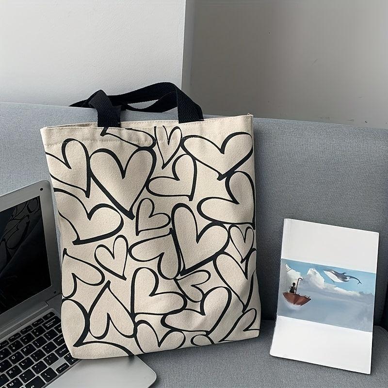 Canvas Shoulder Bag Heart Pattern Large Capacity Handbag