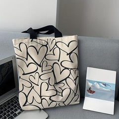 Canvas Shoulder Bag Heart Pattern Large Capacity Handbag