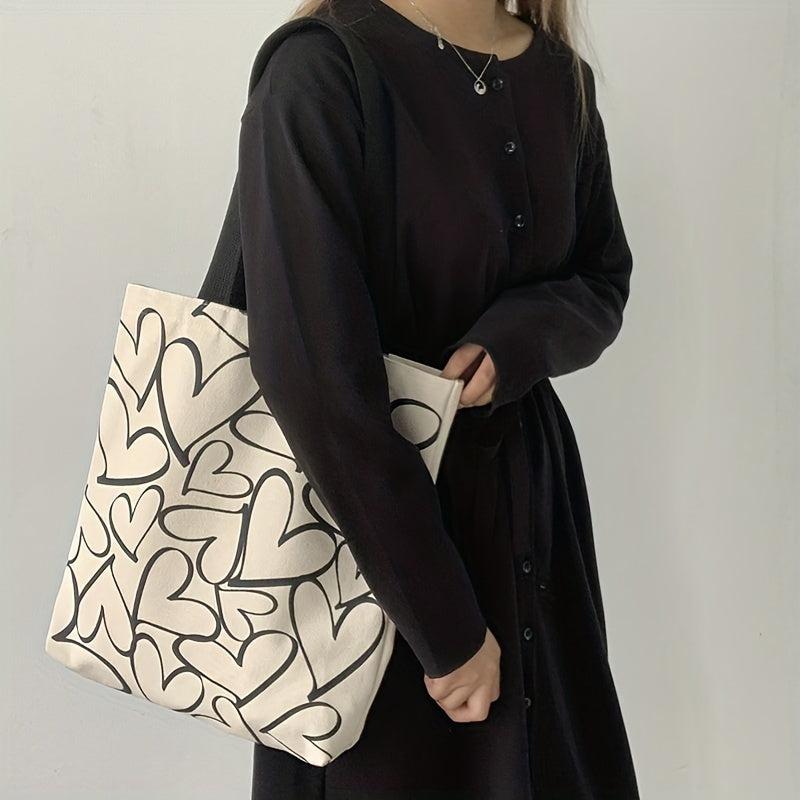 Canvas Shoulder Bag Heart Pattern Large Capacity Handbag