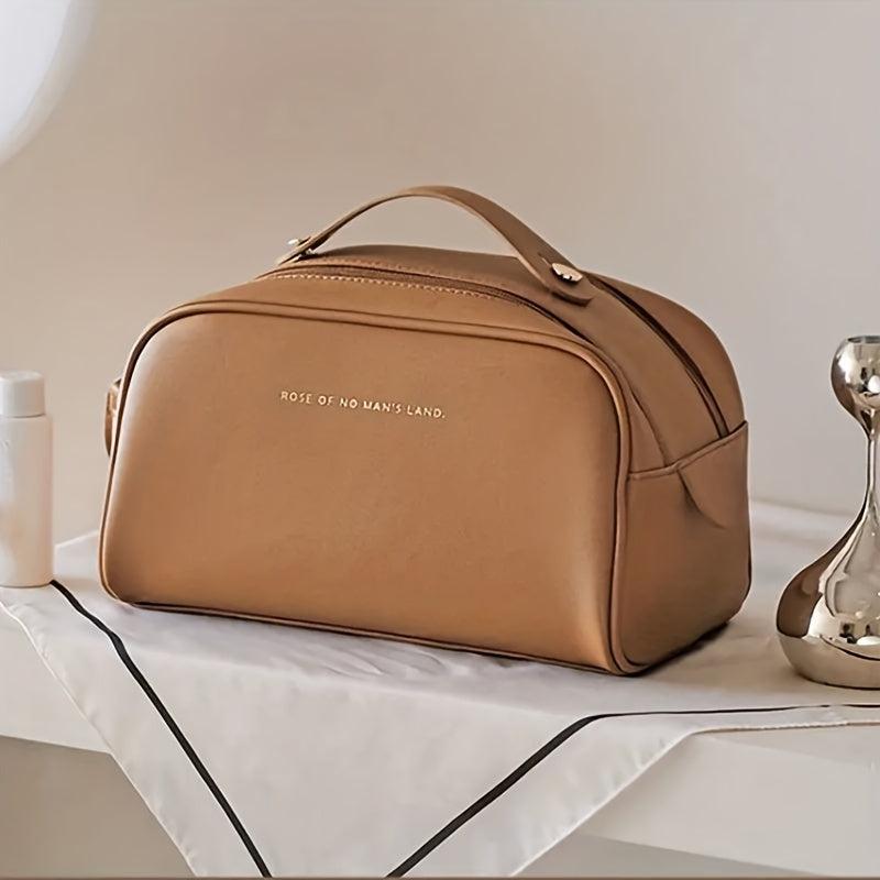 Large Capacity Double Zipper Leather Makeup Bag