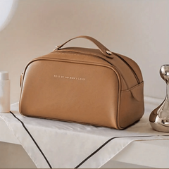 Large Capacity Double Zipper Leather Makeup Bag