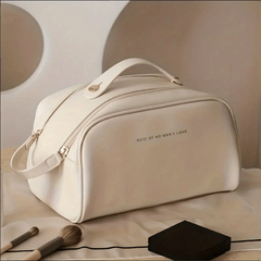 Large Capacity Double Zipper Leather Makeup Bag