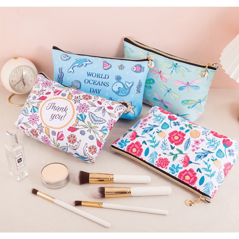 Cartoon Floral PU Leather Waterproof Cosmetics Bag