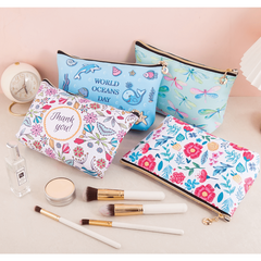 Cartoon Floral PU Leather Waterproof Cosmetics Bag