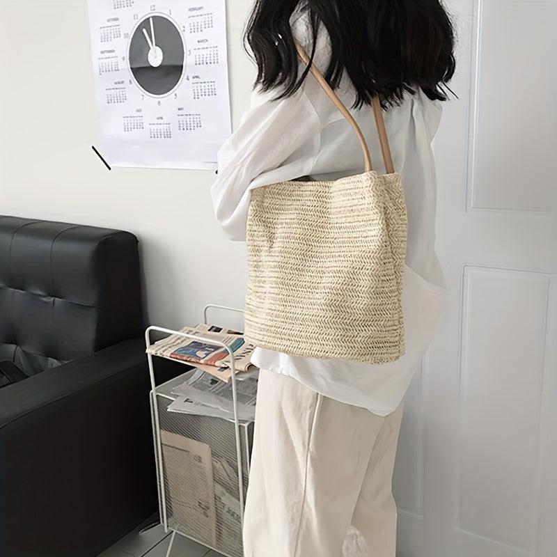 Straw Woven Shoulder Bag Large Summer Tote for Outdoor Vacation