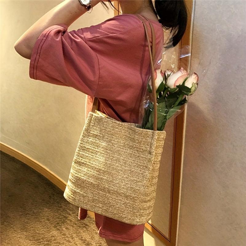 Straw Woven Shoulder Bag Large Summer Tote for Outdoor Vacation