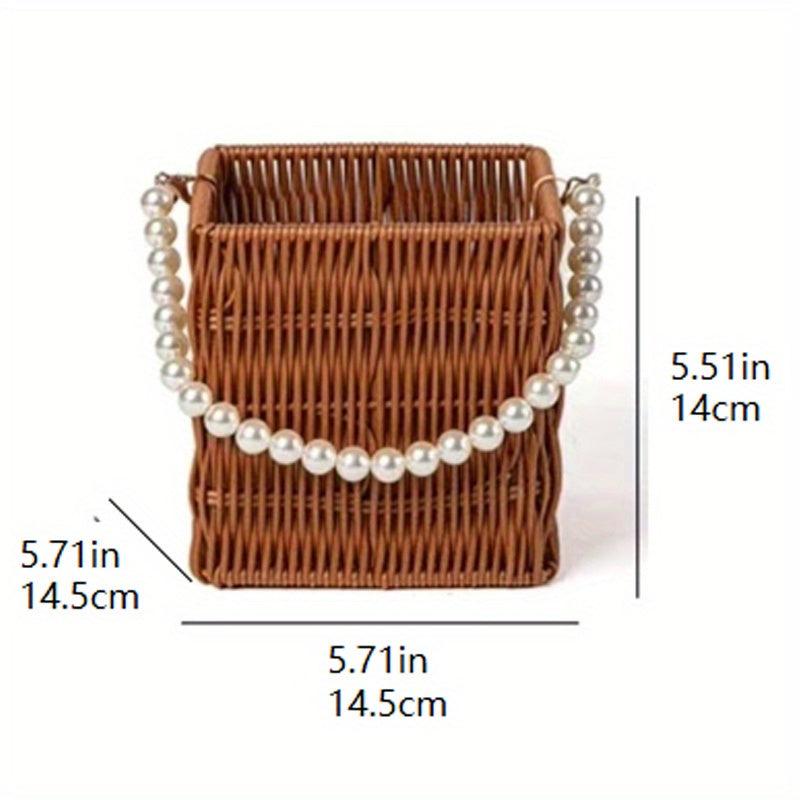 Rattan Woven Flower Basket Wedding Party Gift Handbag Faux Pearl Chain Beach Bag