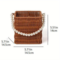 Rattan Woven Flower Basket Wedding Party Gift Handbag Faux Pearl Chain Beach Bag