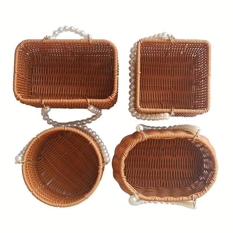 Rattan Woven Flower Basket Wedding Party Gift Handbag Faux Pearl Chain Beach Bag