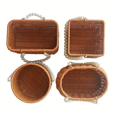 Rattan Woven Flower Basket Wedding Party Gift Handbag Faux Pearl Chain Beach Bag