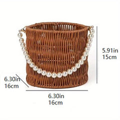 Rattan Woven Flower Basket Wedding Party Gift Handbag Faux Pearl Chain Beach Bag
