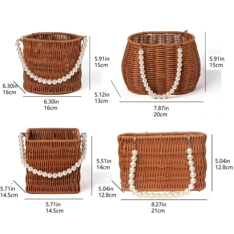 Rattan Woven Flower Basket Wedding Party Gift Handbag Faux Pearl Chain Beach Bag