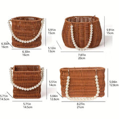 Rattan Woven Flower Basket Wedding Party Gift Handbag Faux Pearl Chain Beach Bag
