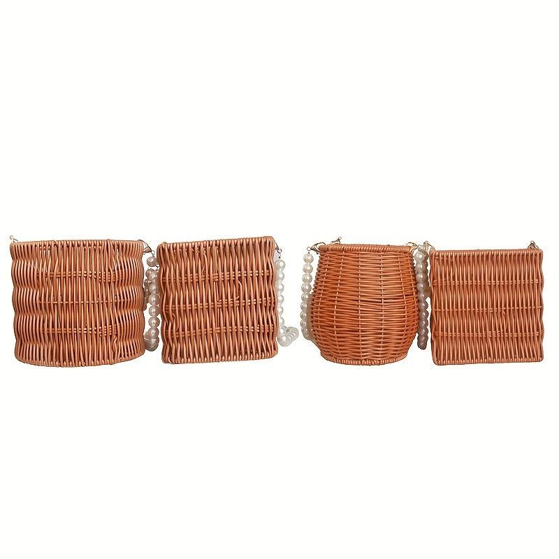 Rattan Woven Flower Basket Wedding Party Gift Handbag Faux Pearl Chain Beach Bag