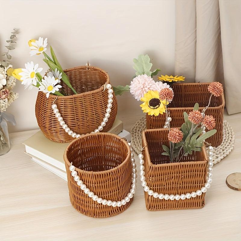 Rattan Woven Flower Basket Wedding Party Gift Handbag Faux Pearl Chain Beach Bag